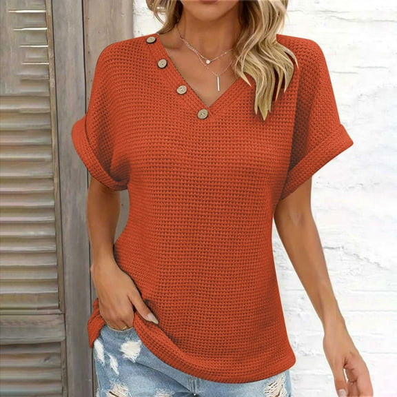 Nrmvnmi Women's Casual V Neck Short Sleeve Shirts Waffle Knit Loose Tunic Tops Blouses For Mothers day gifts