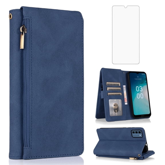 Asuwish Wallet Kickstand Hard Shell Cell Phone Case with Tempered Glass Screen Protector for Nokia C300, Blue