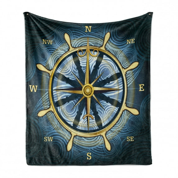 Compass Soft Flannel Fleece Blanket, Navigation Theme Compass with Windrose and Helm on a Wavy Backdrop Maritime, Cozy Plush for Indoor and Outdoor Use, 60" x 80", Yellow Navy Blue, by Ambesonne
