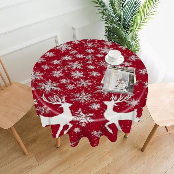 RKSupls 60 Inch Round Tablecloth, Red Reindeer Snowflakes Premium Polyester Straight Edge Wrinkle Resistant Washable Table Cover for Party Home Dining Decor