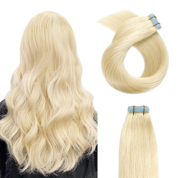 YILITE Extensiones de cabello humano brasileño con cinta rubia de 24 pulgadas, extensiones de cabello con trama de piel, color 60 rubio platino (24 pulgadas #60 rubio platino)