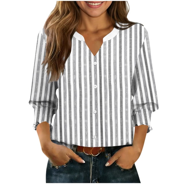 Camisas de Cuello de Tripulación de Manga Larga para Hombres 3/4 Cuarto de Manga con Cuello en V Botón Arriba Cardigan Top para la Moda Casual de Verano