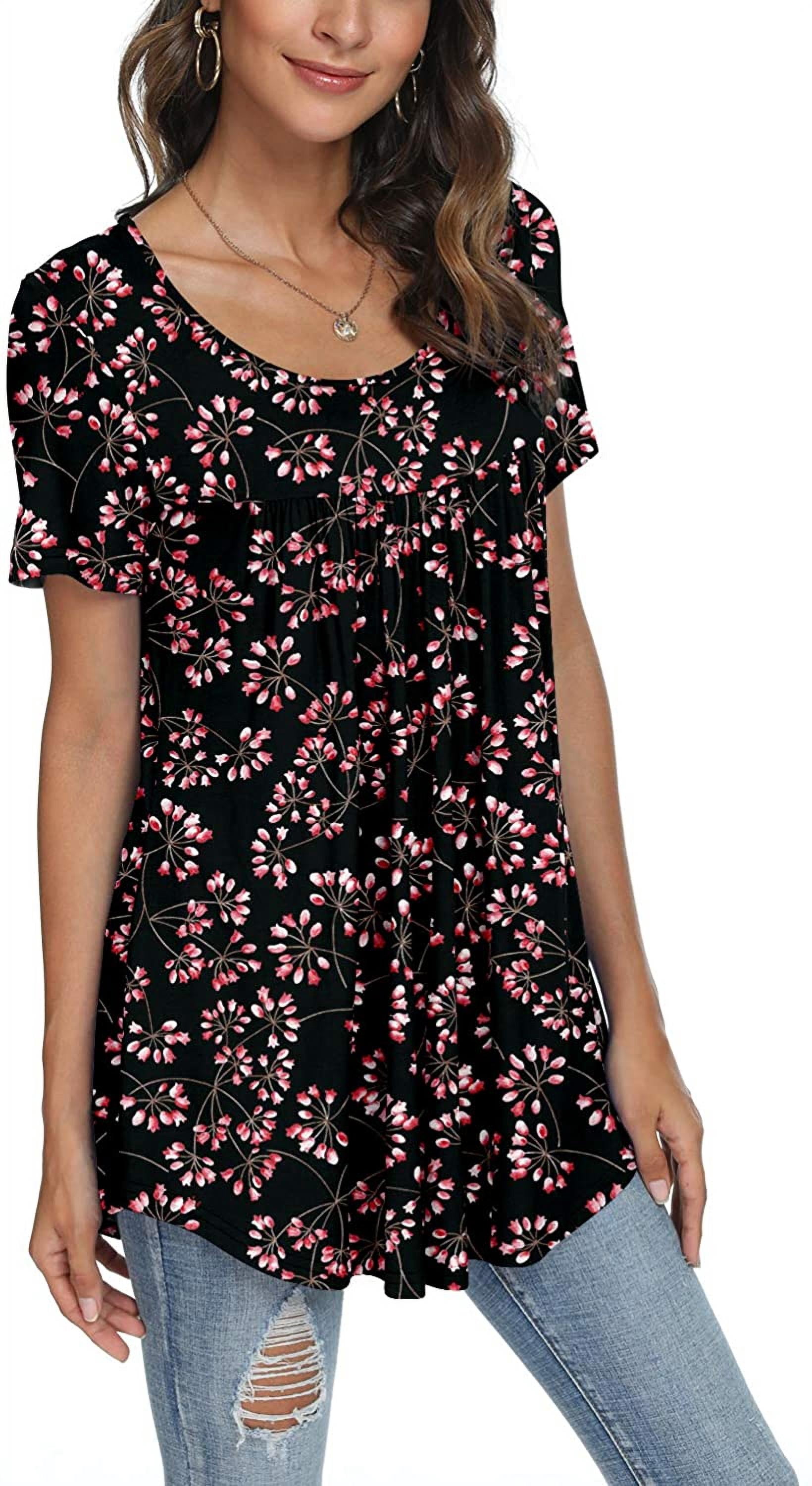 junefish women's summer pleated short sleeve tunic tops flare blouse
