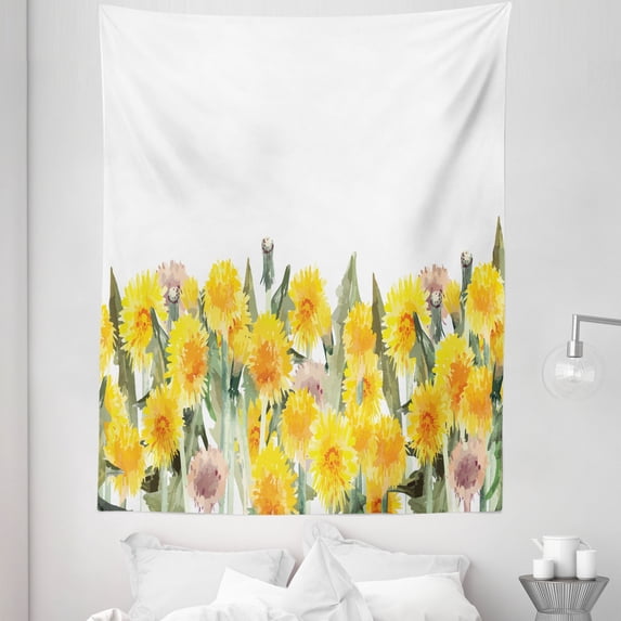 Watercolor Tapestry, Dandelion Flowers Summer Time Botanical Garden Art Painting Print, Fabric Wall Hanging Decor for Bedroom Living Room Dorm, 5 Sizes, Yellow Orange Sage Green, by Ambesonne
