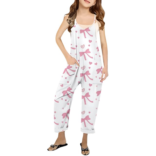 Girls Romper Bow Print Rompers for Girls Casual V Neck Suspender Rompers with Pockets Girls Summer Outfits 11-12 Y