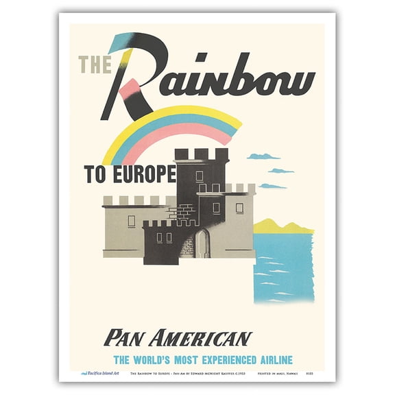 The Rainbow to Europe - Pan American World Airways - Vintage Airline Travel Poster by Edward McKnight Kauffer c.1953 - Master Art Print (Unframed) 9in x 12in