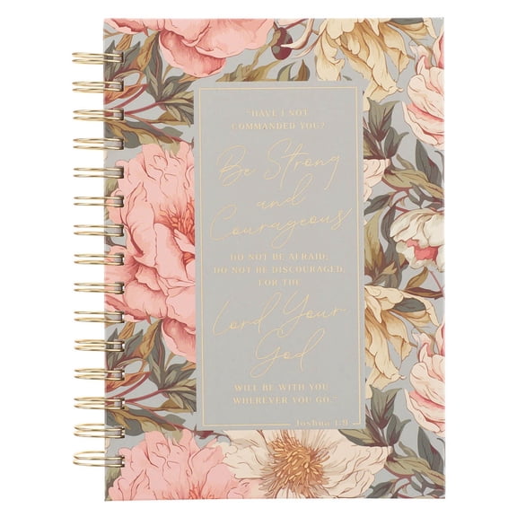 Christian Art Gifts Inspirational Journal, Be Strong and Courageous Wide Ruled Notebook, Josh. 1:9 Bible Verse, Gray Pastel Florals, 192 Lined Pages w/scripture, (8.4” x 6.4” x 1”)