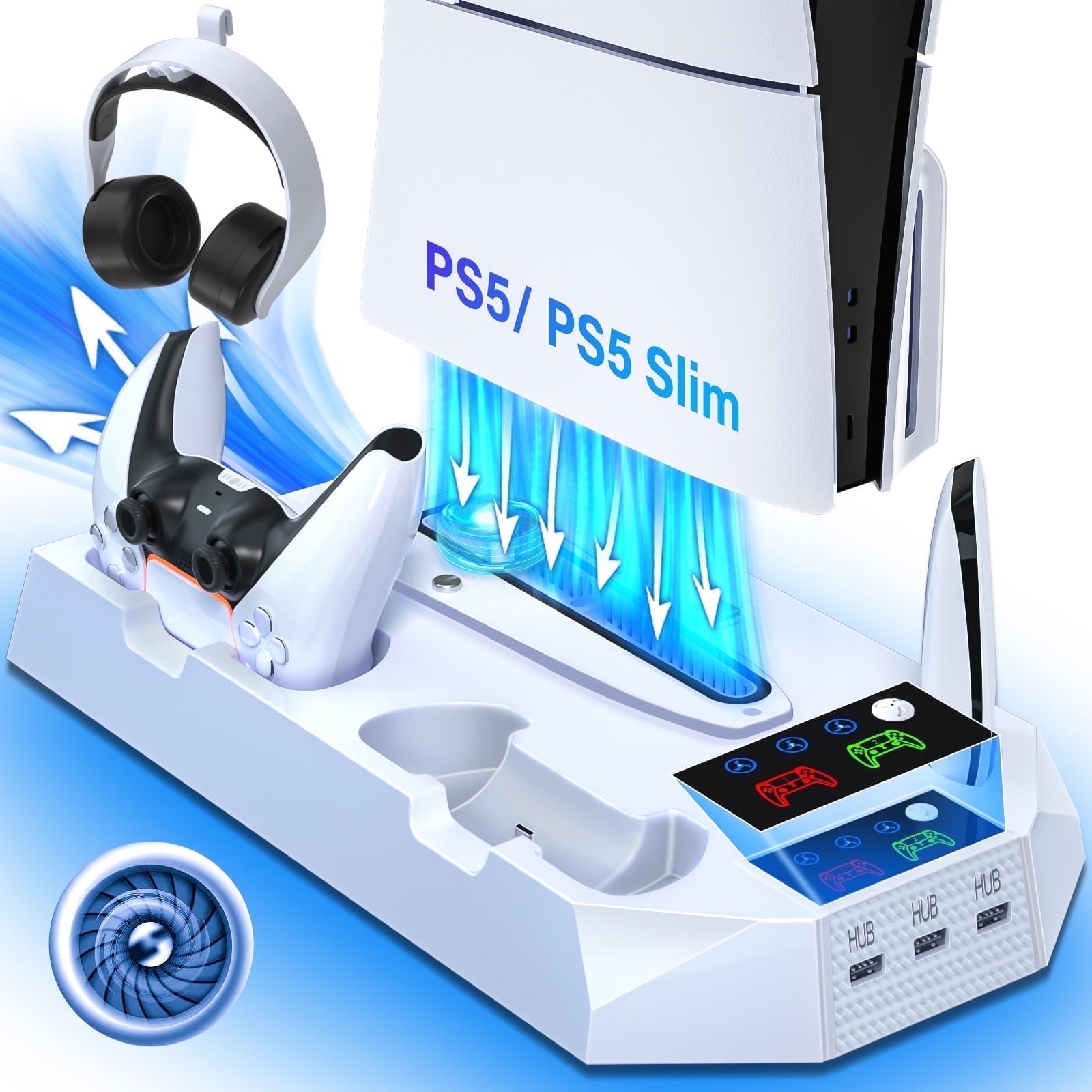 PS5 Stand with Cooling Fan, ZRZLMVP PS5 Cooling Station with Dual Controller Charging Station for PS5 Pro/Slim/Standard Disc/Digital Console - 3 Levels Adjustable Fan/3 USB Hubs，White