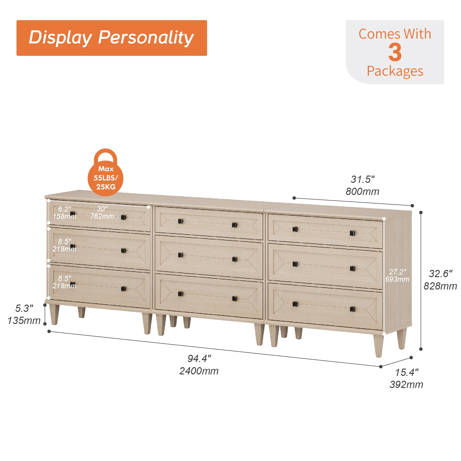 WAMPAT Handmade Patchwork 94.5" TV Stand with 9 Drawers, Fits up to 100" TV, Beige