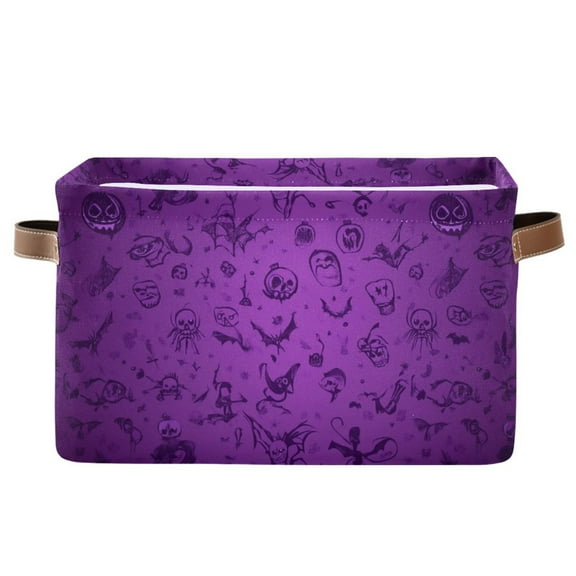 WOBOGO Purple Halloween Background Square Storage Basket with Waterproof Canvas and PE Lining Durable PU Leather Handles 14.2×10.2×8.3in