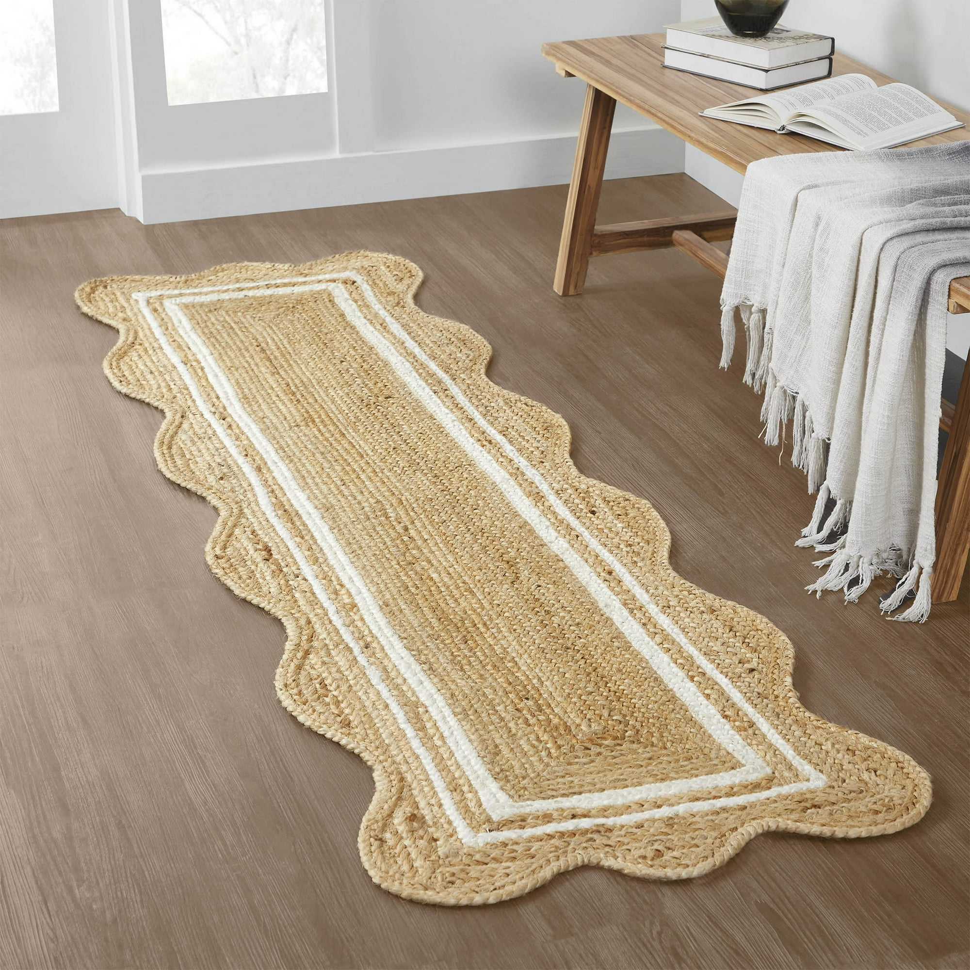 My Texas House Natural/White Scallop Jute with Border Rug Runner, 2' x 7'