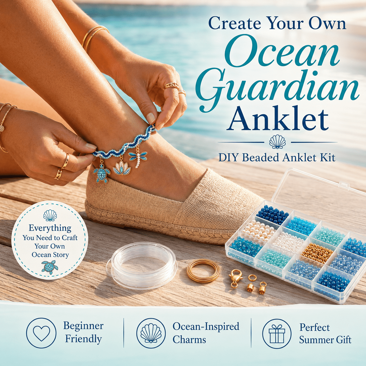 DIY Beaded Anklet Kit, Jewelry Making Kit for Adults and Beginners, Ocean Bracelet Craft Set with Turtle Pendant Beads for Handmade Summer Foot Jewelry Gift