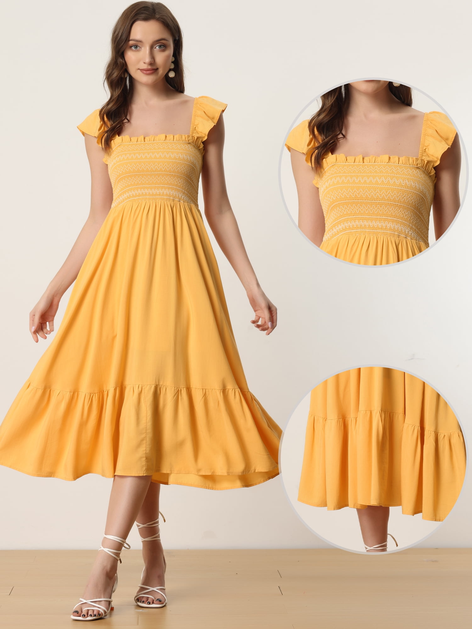 DARING DIVA Square Neck Boho Sleeveless Ruffle Tiered Smocked Sundress XL Yellow