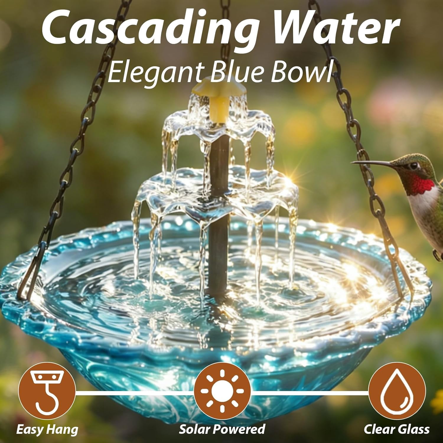 2026 Solar Cascade Hanging Bird Bath Fountain Solar Powered Birdbath Water Fountain Pumps Dispenser Outdoors Decor Hummingbird Bath Shower Bowl Kit Garden Gift Yard Patio Backyard Decoration
