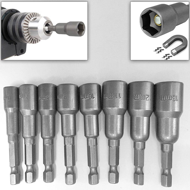 24pcs 1/4 Inch Hex Magnetic Nut Driver Socket Set Metric Impact Drill Bits 6 to 13mm Adapter