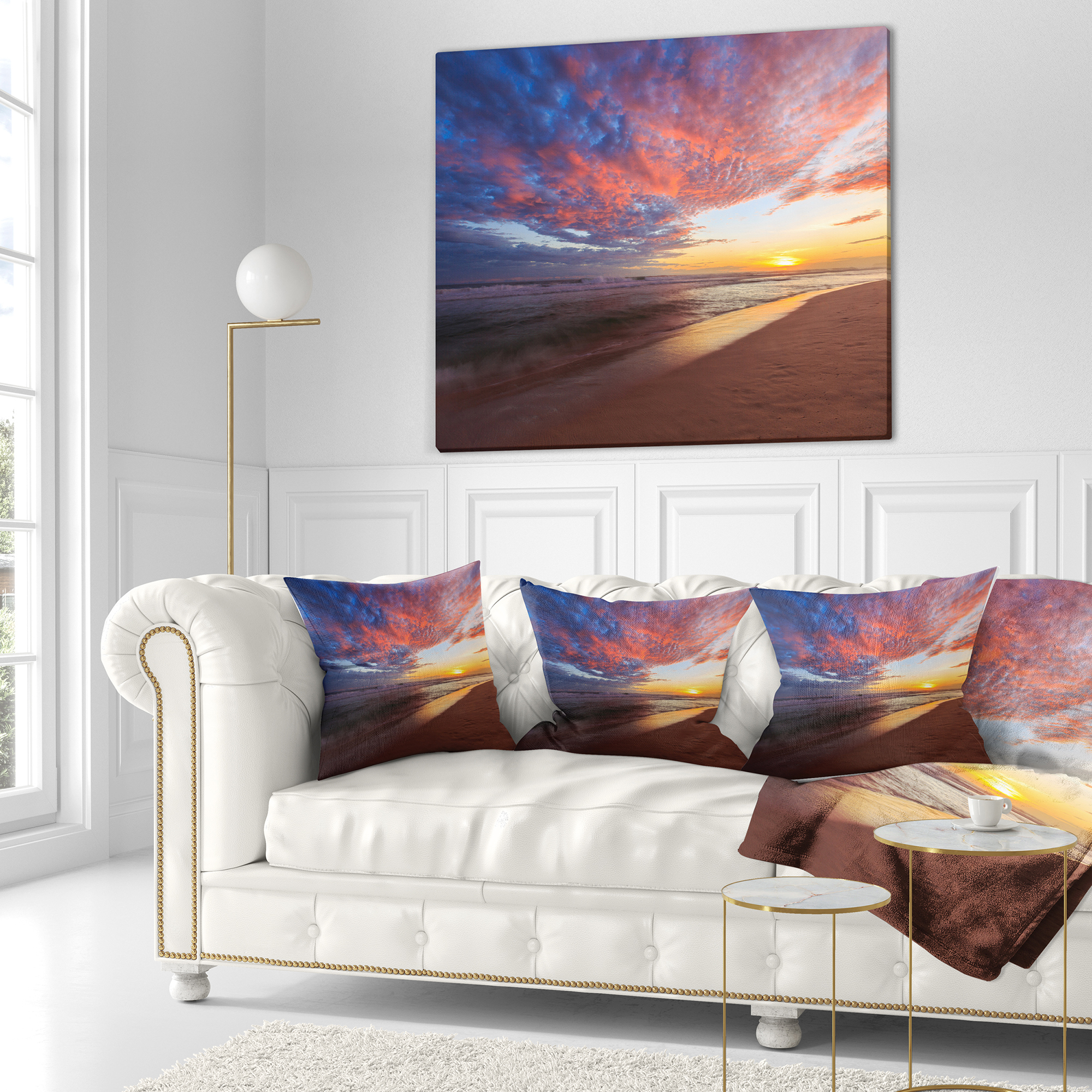 Designart Colored Clouds in Beach at Sunset - Seashore Throw Pillow - 16x16