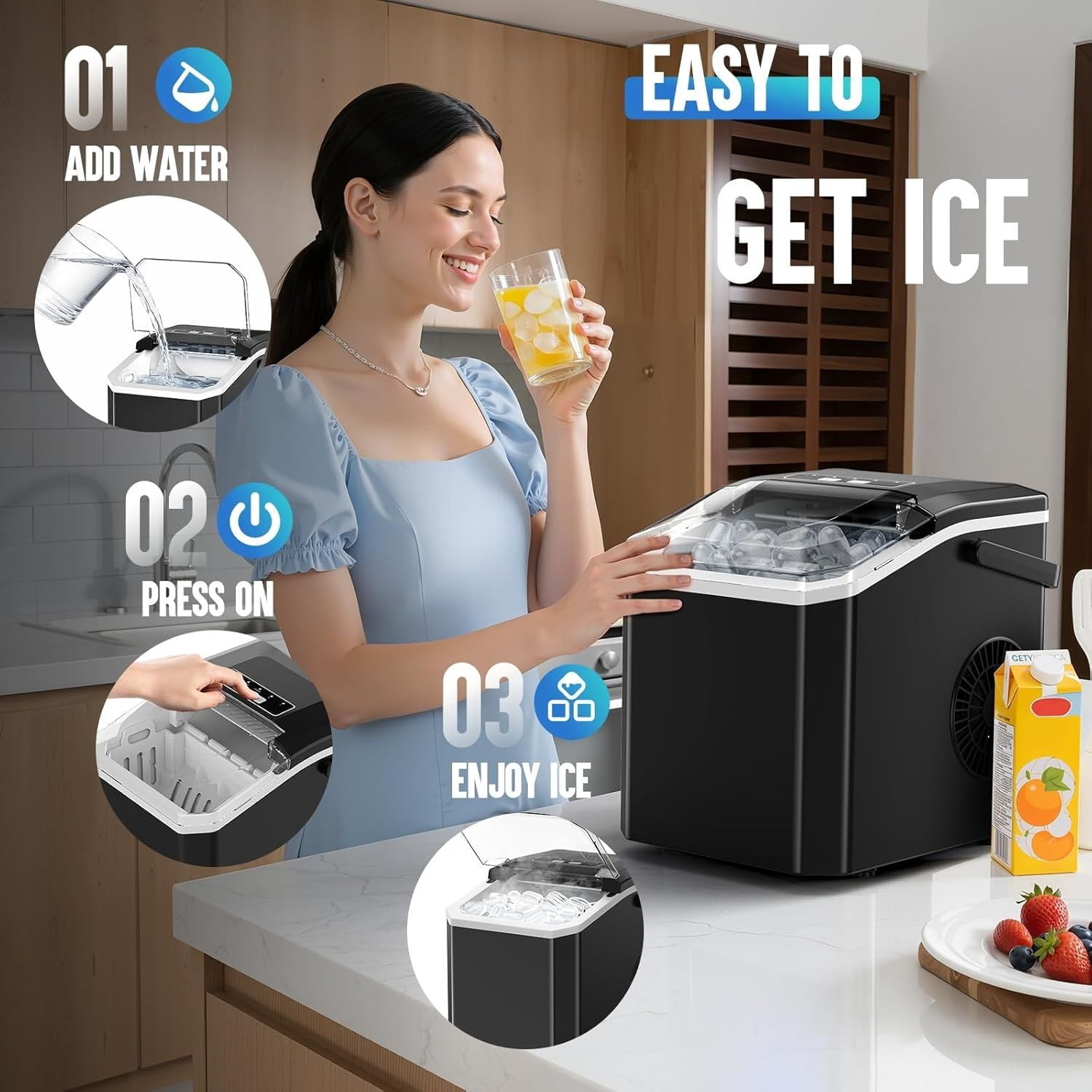 Portable Countertop Ice Maker, 26.5Lbs/24H Bullet Ice Machine, 6 Mins Fast Ice Making, 2 Ice Sizes, Detachable Basket, Compact Ice Maker for Home, Kitchen, Office, RV