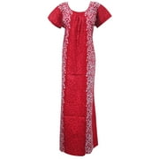 Mogul Women's Maxi Caftan Dress Red Printed Boho Style Short Sleeves House Dress M