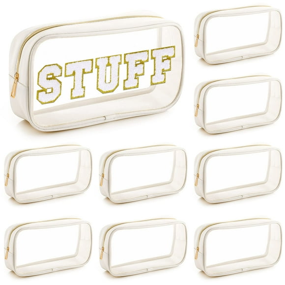 Bolsa de maquillaje Cunno Preppy, transparente, de nailon, con letras de chenilla, 9 unidades