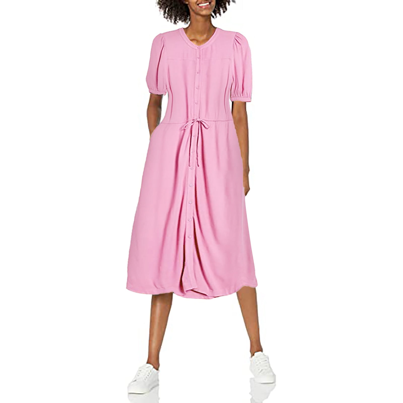 Essentials Womens Feminine Half Sleeve Waisted Midi A-line Dress