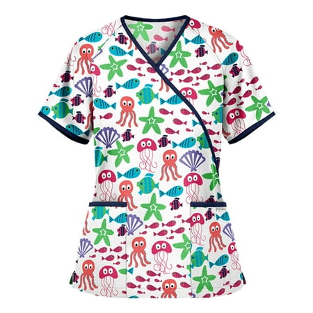 

UDAXB Womens Nursing Scrub Tops Valentine s Day Love Heart Printed Working Uniform Short Sleeve V-Neck Workwear Blouse T-shirt with Pockets