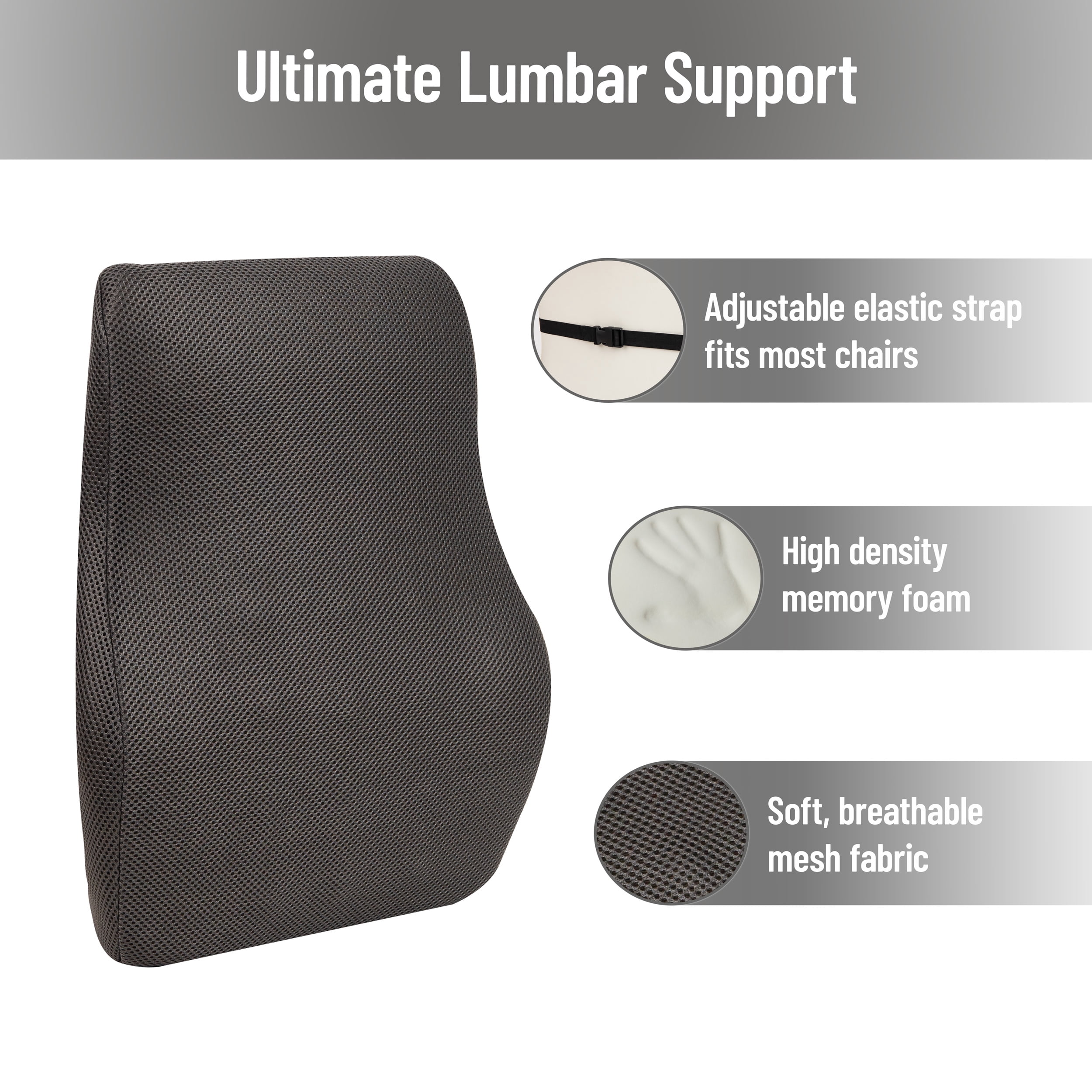 Mind Reader Air-Cloud Lumbar Cushion, Ergonomic Memory Foam 14.5"L x 5"W x 18.5"H, Gray