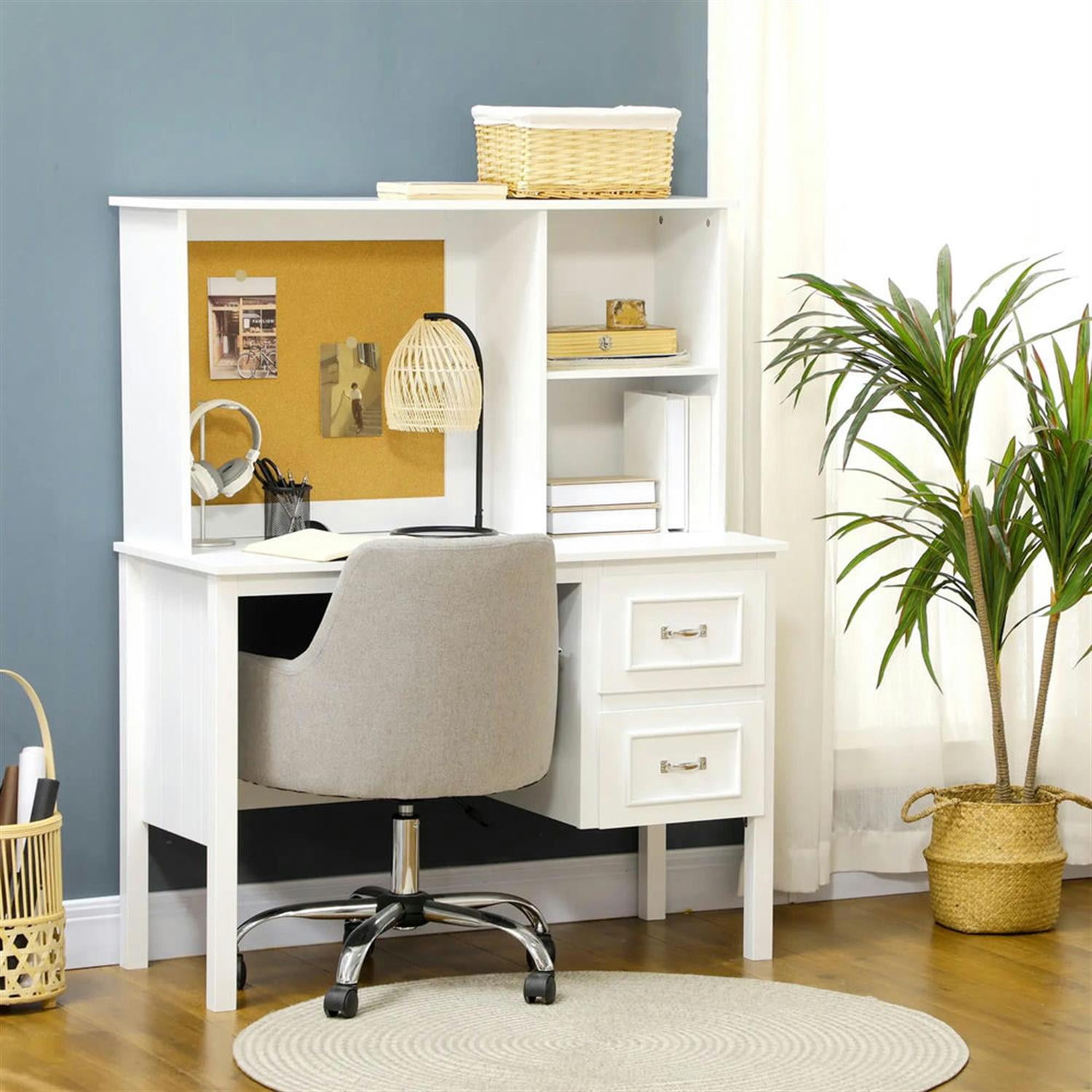 Demi Bonn Modern Office Desk with Cable Hole, Drawer and Storage Shelves, Home Computer Desk for Living Room, Office, Study Writing Table PC Desks, White