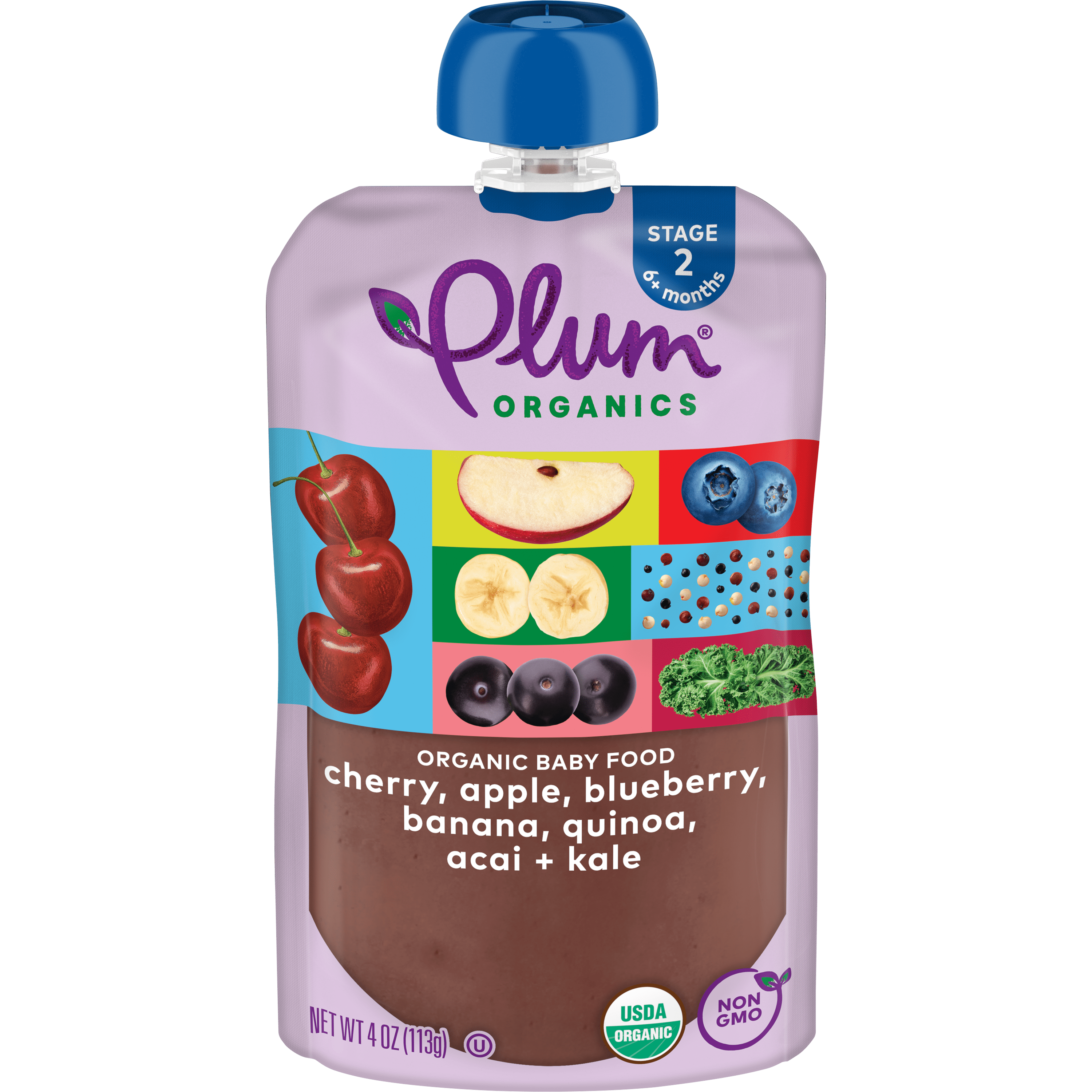 Plum Organics Stage 2 Organic Baby Food Cherry, Apple, Blueberry, Banana, Acai, Kale and Quinoa, 4 oz Pouch - Case of 12