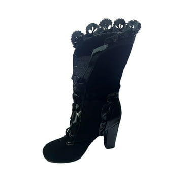 FLTHDD Womens Rich Solid Color Block Heeled Dress Boots - Trendy Lace-Up  Mid-Calf Height  Designed for Fashionistas Gift