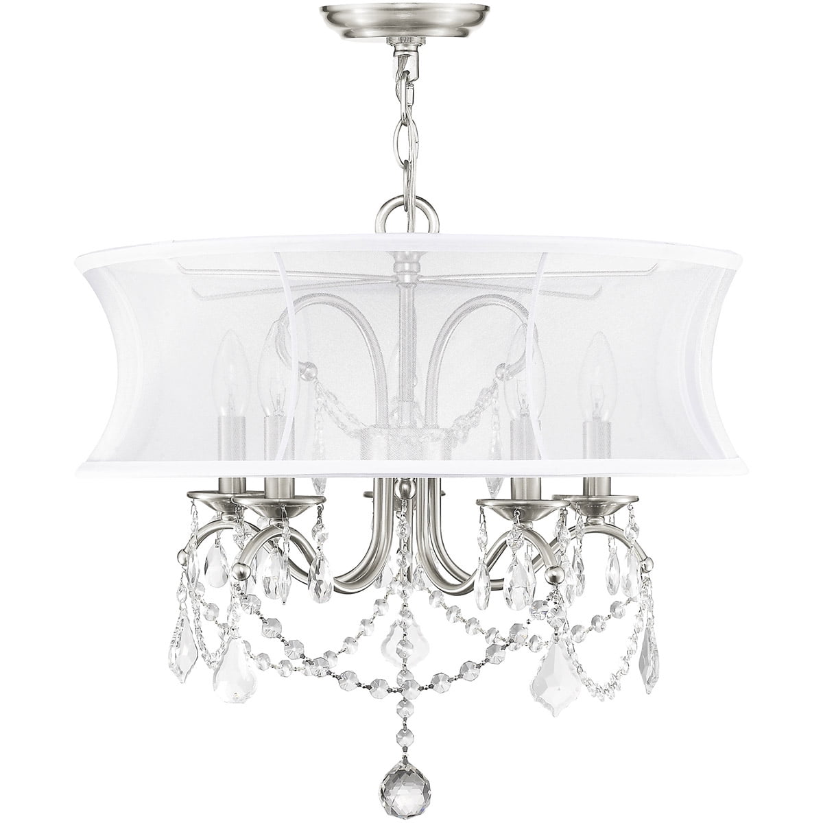 5 Light Brushed Nickel Chandelier with Off White Silk Shimmer Shade