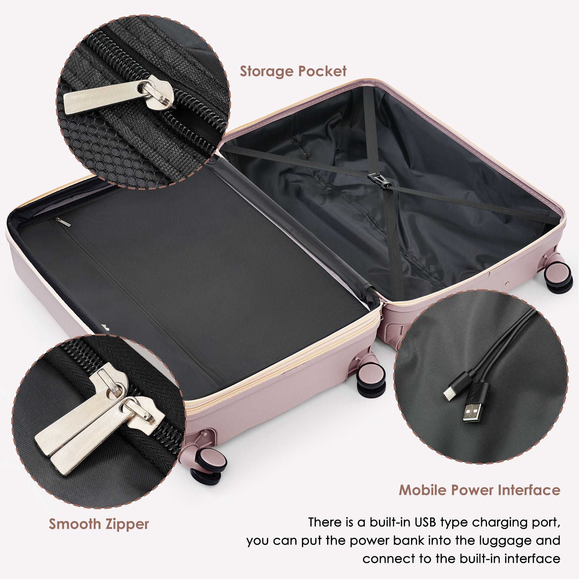 Aukfa Luggage Set, 3 Piece Expandable Hardshell Suitcase with USB Port and Cup Holders, Spinner Wheels, Blush