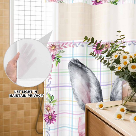 No Hook Shower Curtain with Built-in Rings - Easter Bunny Ears Washable Waterproof Fabric Bathroom Curtains for Hotel,Rentals, Stall 54 X 78 Inch , Spring Daisy Floral Color Plaid