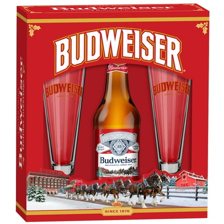 Budweiser Holiday 2025 Gift pack, Budweiser Lager Beer 18 fl oz Glass Bottle 5% ABV, and 2 Pint Glasses
