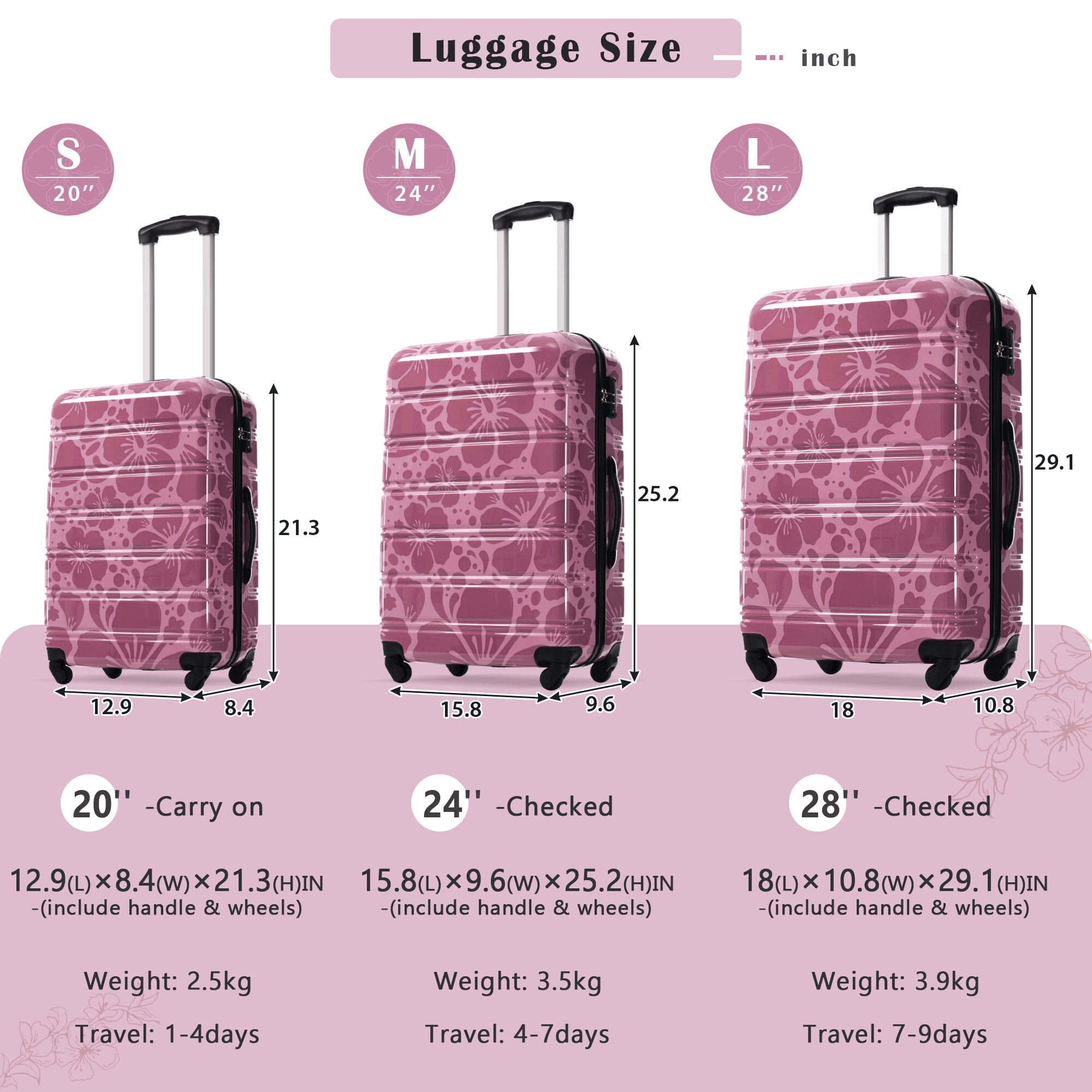 Hardside Suitcase, Hardshell Luggage Sets 3 pcs Spinner Suitcase with TSA Lock Lightweight-20"+24"+28" Luggages, Pink Purple Hardside Luggage,Pc Hardside Checked Luggage