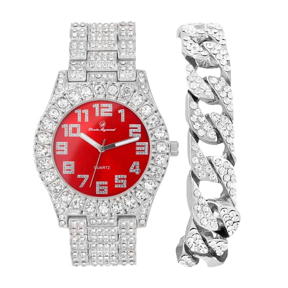 Charles Raymond Mens Big Rocks with Numerals Fully Iced Out Colorful Dial Blinged Out Hip Hop Watch - ST10327ARC Cuban Silver Blood Red