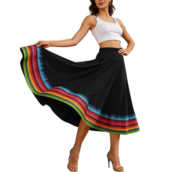Maxi Skirts for Women Plus Size Summer Elastic High Waist A-Line Flowy Swing Striped Color Block Performance Folk Dance Skirt
