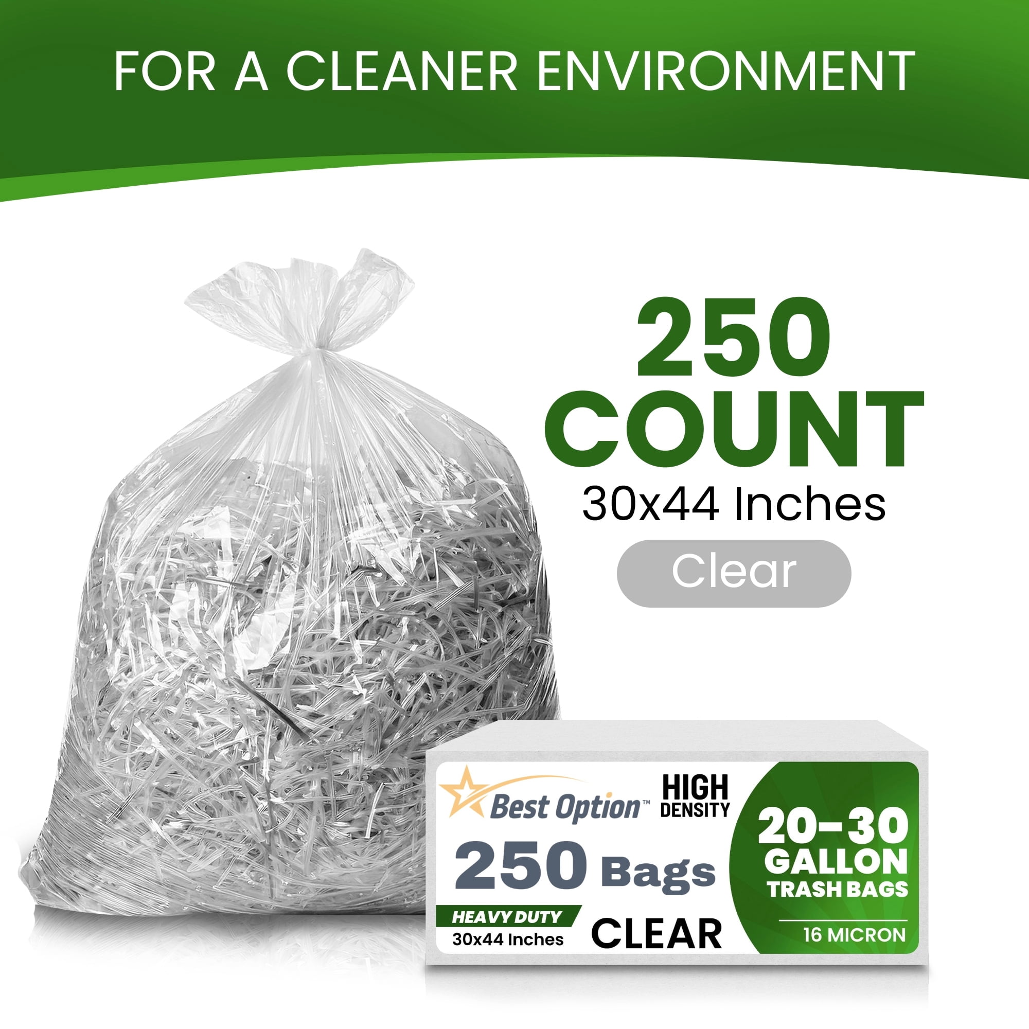 Best Option 20-30 Gallon Clear Trash Bags, 250 Count Box, (30x44-inch) Commercial Heavy-Duty Garbage and Recycling Can Liners