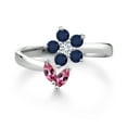 thumbnail image 2 of Gem Stone King 925 Sterling Silver Pink Tourmaline Blue Sapphire and White Lab Grown Diamond Flower Open Ring for Women (0.51 Cttw, Gemstone October Birthstone, Size 8), 2 of 3