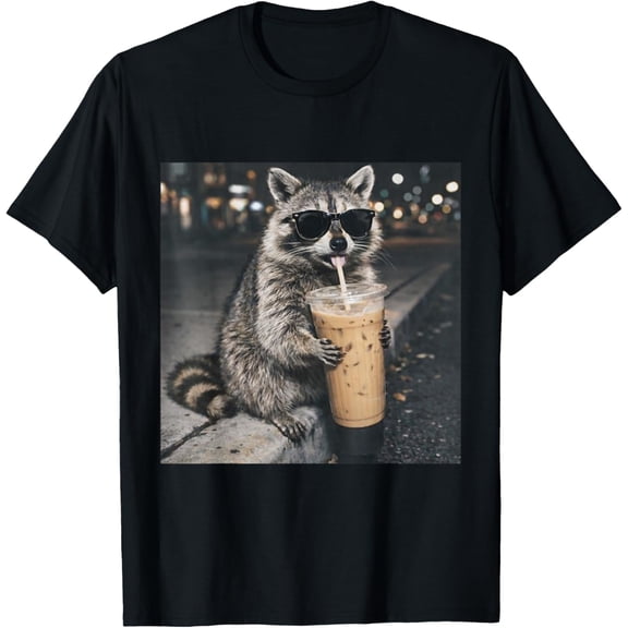 Raccoon Drinking Iced Coffee Funny Animal Meme Men Women T-Shirt
