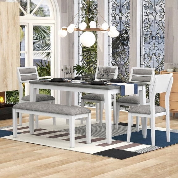 6-Piece Dining Set, Classic Traditional Dining Table with 4 Upholstered Chairs and Bench, Solid Wood Construction with White and Gray