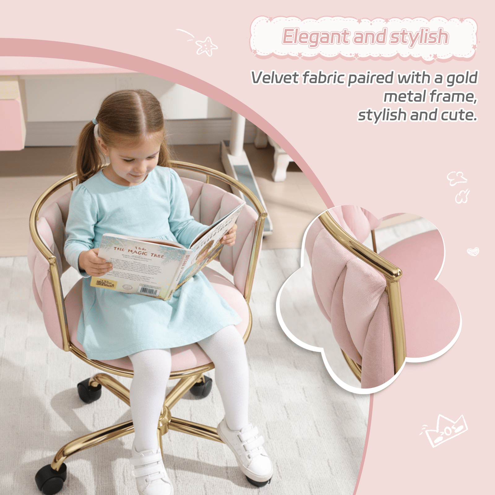 Guyou Kids Desk Chair, Velvet Rolling Swivel Children Chair, Adjustable Student Task Chair, Curved Woven Backrest Vanity Chair for Bedroom Dormitory Children Gifts, Pink