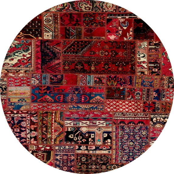 Ahgly Company Indoor Round Abstract Cranberry Red Patchwork Area Rugs, 3' Round
