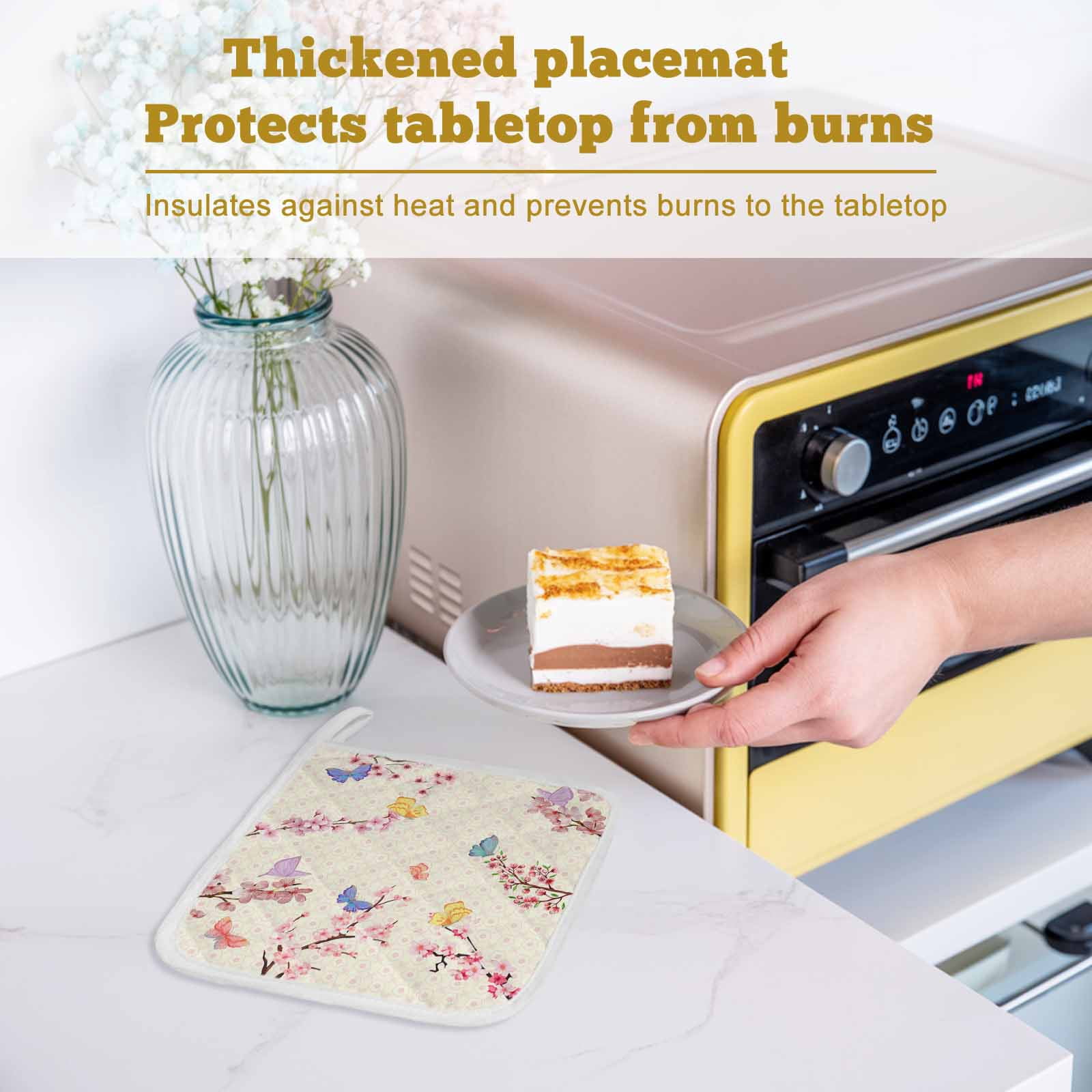 Cherry Blossoms Plant Pot Holders for Kitchen Heatproof Potholder, 3 Pack Pink Floral Butterfly Leaves Hot Pads Multipurpose Oven Pads Cloth Potholders Trivet for Cooking Baking