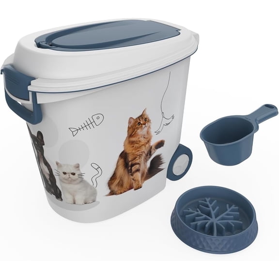 ZUCONKITCH Pet Food Storage Container with Wheels - 40LB Capacity Resin Container, Includes Slow Feeder Bowl & Scoop, Airtight Design for Dogs, Cats, Birds