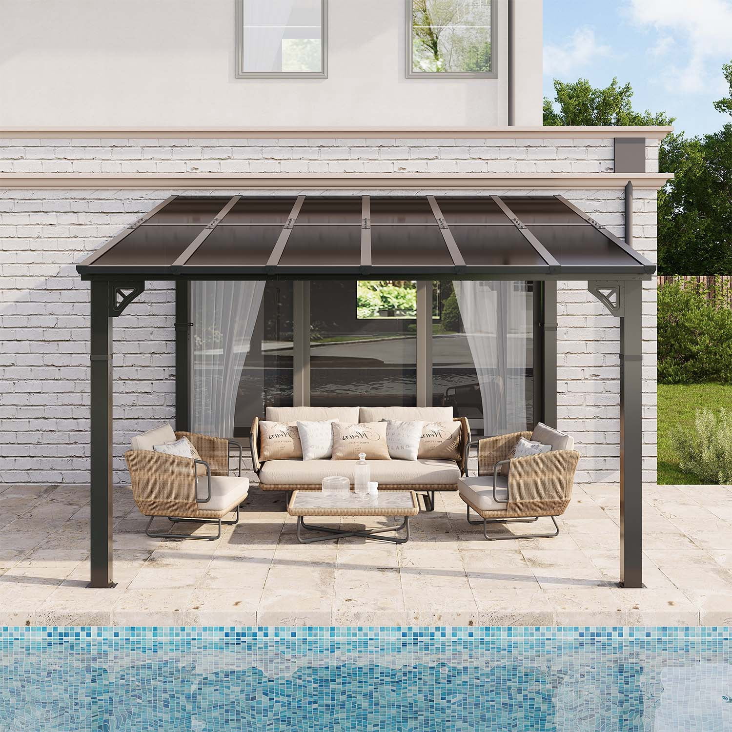 BaPiPro 12'x10' Hardtop Gazebo with Aluminum Frame & Polycarbonate Panel, Wall Mounted Gazebos Lean to Pergola, Outdoor Patio Grill Gazebo for Backyard, Garden, Deck