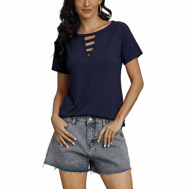 Puntoco Mujeres Cuello Redondo Color Sólido Manga Corta Casual Todo-Fósforo Pullover tops Puntoco Puntoco-4282