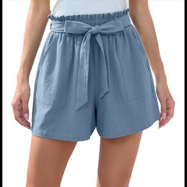 Pantalones Cortos Casuales de Verano para Mujer con Lazo y Cintura Anudada y Bolsillos. Azul Gris S