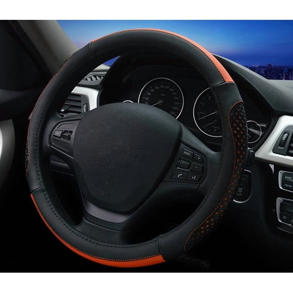Car Steering Wheel Cover Hole Perforation Anti-Slip Universal 15 Inches Leather for Women, Black Orange