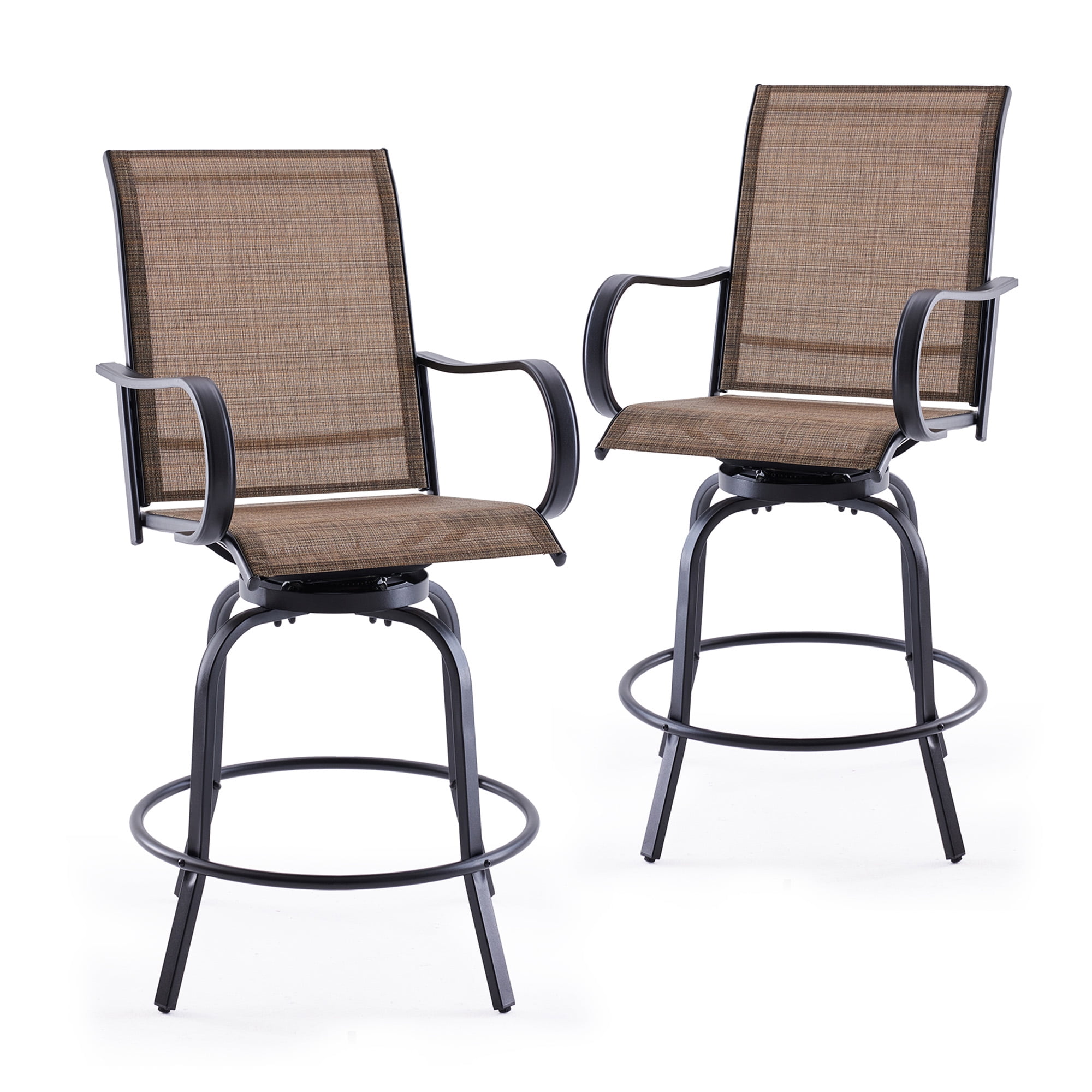 MAYEERTY 2-Piece Outdoor Bar Height Tall Stools Set,Textilene,360°Swivel, Ergonomic for Balcony, Brown