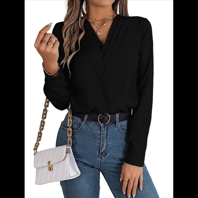 Blusa Plisada de Larga con Cuello en V para Mujer, Ideal para Oficina Negro M